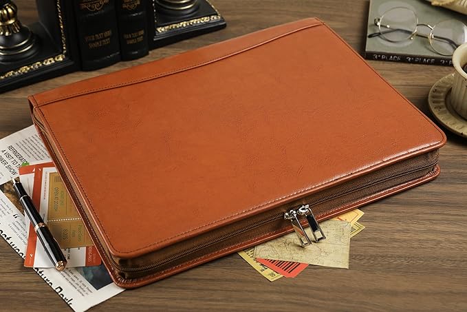 Brown Leather Padfolio for Women/Men, Business Leather Binder 3 Ring Portfolio, Personalized Leather Portfolio Binder, Zippered Portfolio Organizer for A4 Notepad & 13-inch Laptop/Tablet