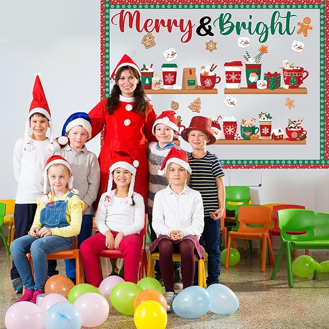 Christmas Bulletin Board Set Merry & Bright Coffee Cup Classroom Decorations Christmas Latte Santa Snowmen Bookshelf Paper Cutouts for Door Wall Decor Xmas Winter Holiday Party Supplies