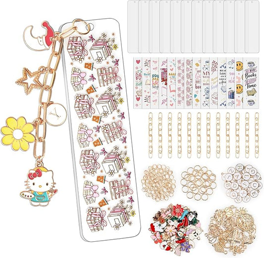 244 Pcs Bow Acrylic Bookmark Blanks(2mm) Thicken 15 DIY Bookmark Making 17 Bow UV DTF Sticker 76 Charms 15 Extender Chains and 130 Jump Ring Suitable for DIY Crafts Gifts