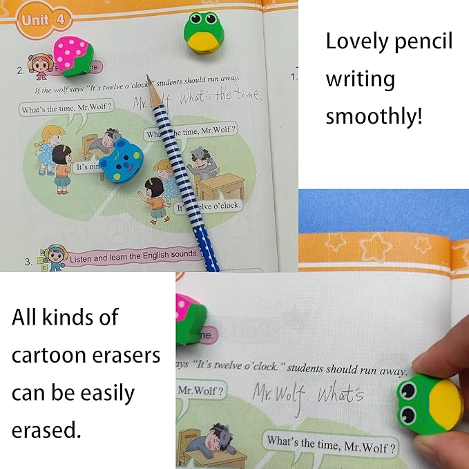 16PCS Pencils with Fruit Animal Top Eraser for Kids,Pencils with Assorted Cartoon Color Stripe Erasers Topper for Kids School Supplies and Children Prize Gifts (16)