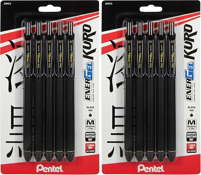 Pentel EnerGel Kuro Liquid Gel Pen, (0.7mm) Medium line, Black Ink, 10 Pack