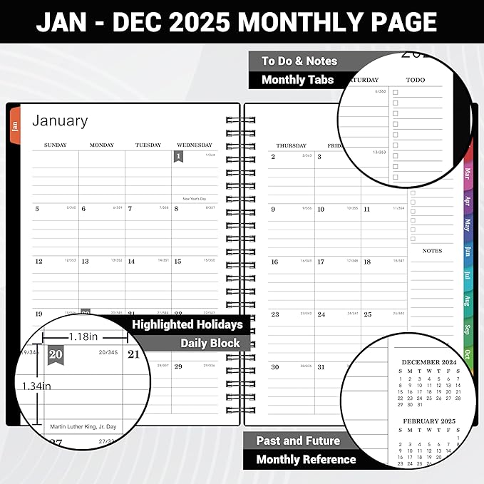 2025 Planner - Weekly Monthly Planner 2025, Calendar Planner from January 2025 to December 2025 with Spiral Bound, Colorful Tabs, 6.4'' x8.5'' - Black