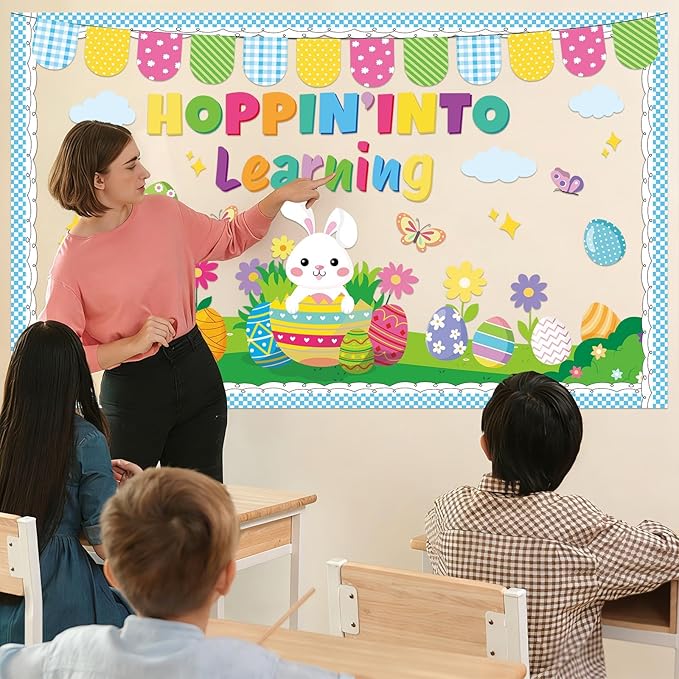 Spring Easter Bulletin Board Set Easter Classroom Decorations Hopping into Spring Bulletin Board Spring Bunny Eggs Paper Cutouts for Holiday Teacher School Office Chalkboard wall Decor