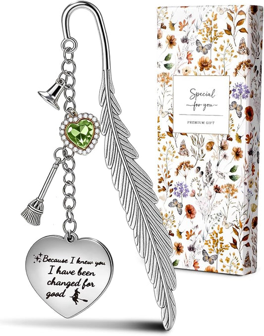 Buleens Bookmarks for Women Reading - Book Marks for Readers Book Lovers, Feather Fantasy Witch Green Personalized Metal Bookmark with Pendants, Pretty and Aesthetic Book Accessories Reading Gifts