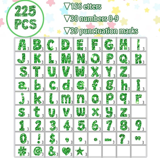225Pcs Glitter Bulletin Board 4inch Letters with Adhesive Dots Punctuation Symbols Cutout for Classroom Numbers Alphabet School Display Decorating Supplies (Green)