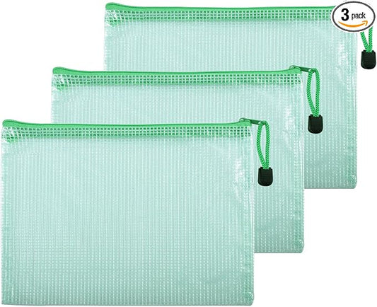 3 Pcs 9.25" x 6.69" A5 Sizes Mesh Zipper Pouch Bags, Mesh Bags with Zipper，Waterproof Clear document pouch for Organization Puzzles Travel, Office, Classroom Organization, A5 Green