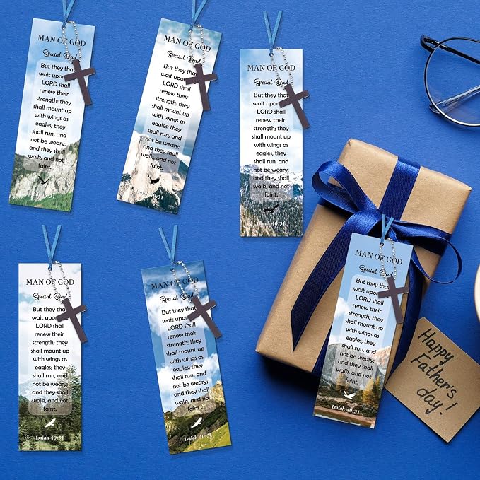 Dispowreath 24 Pcs Father's Day Christian Gifts Include 12 Wooden Cross Charm 12 Man of God Bookmark Religious Church Gift Special Dad for Men Church Prizes Party Favor
