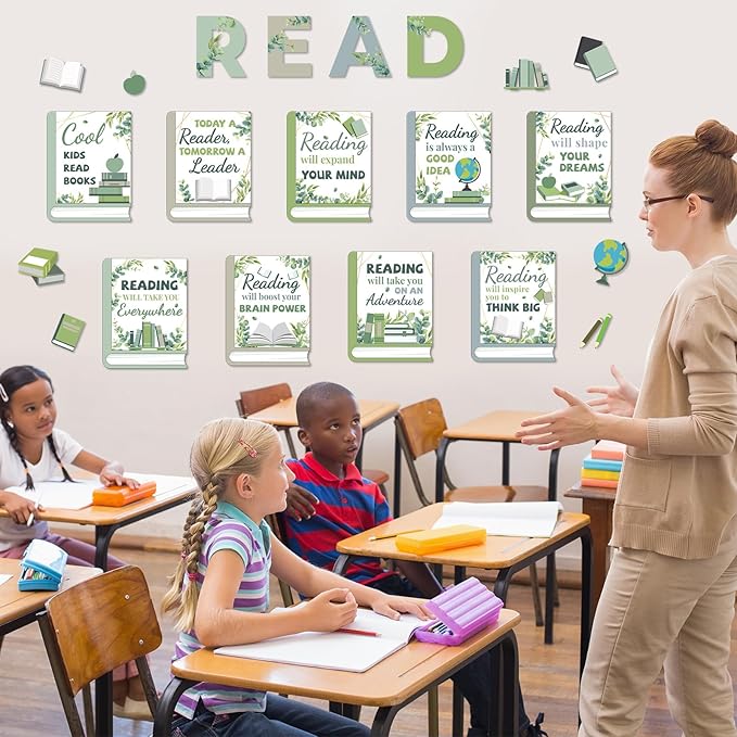 Qyeahkj Eucalyptus Reading Bulletin Board Poster for Classroom Boho Greenery Cutouts Motivational Bulletin Board Elementary Educational Prints Poster for Teachers Kindergarten Preschool Library