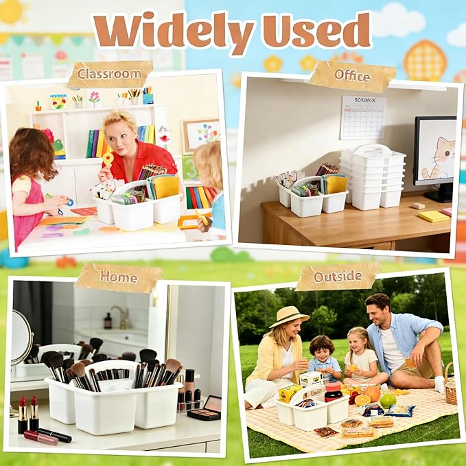 Plastic Storage Caddy Organizers, 6 Pcs Portable Teacher Classroom Supply Caddies with Handle, 3-Compartment Utility Craft Art Caddy for Kids, School Classroom and Office Organization, White