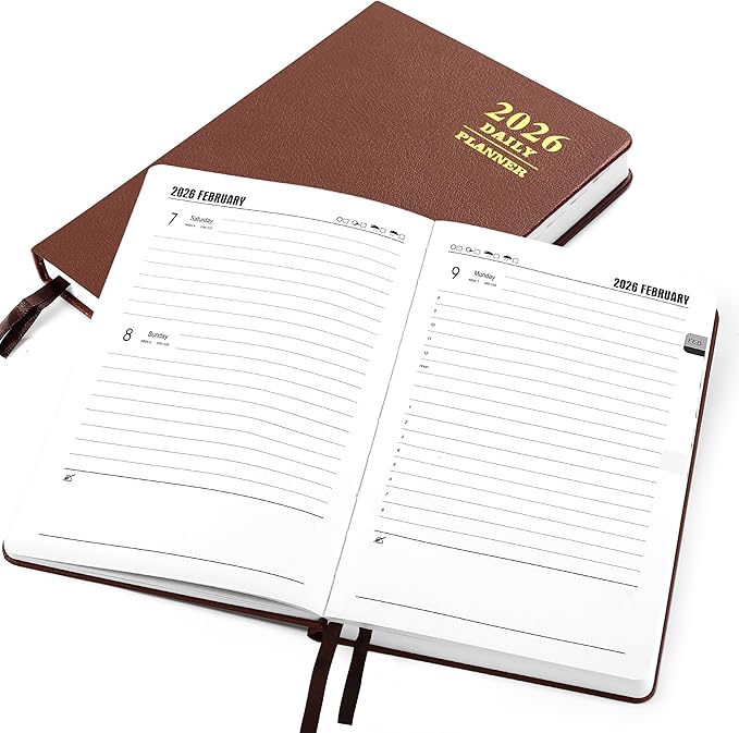 KESOTE 2026 Daily Hourly Planner - One Page a Day, 2026 Diary 5.7 x 8.3" Hardcover Weekly Monthly Planner Agenda 12 Month, A5 Notebook, Brown