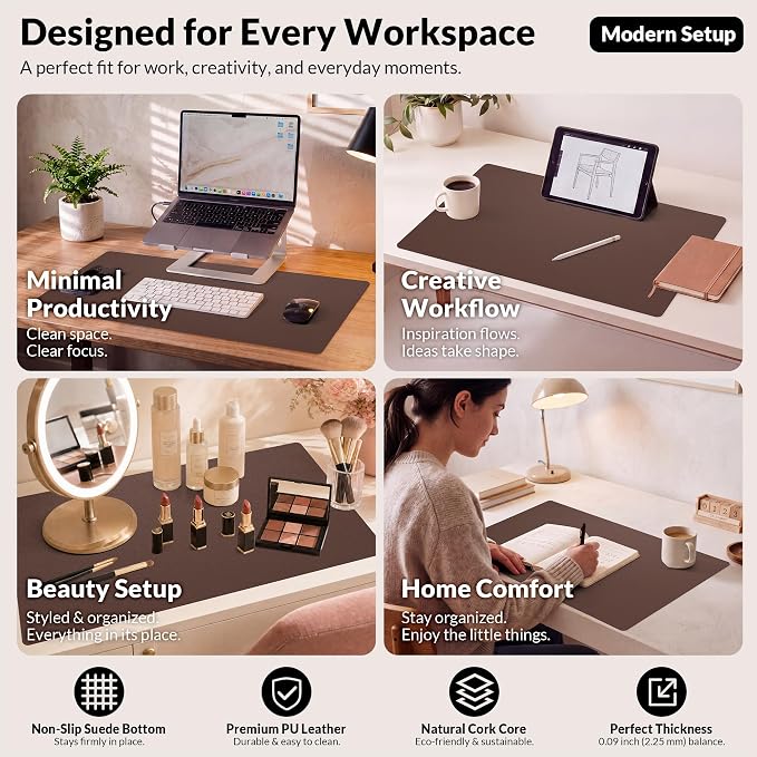 AFIING Leather Desk pad Protector, 35.4" x 17", Coffee,Desk mat | Dual-Sided Cork & PU Leather, Waterproof, Non-Slip, For Office & Gaming