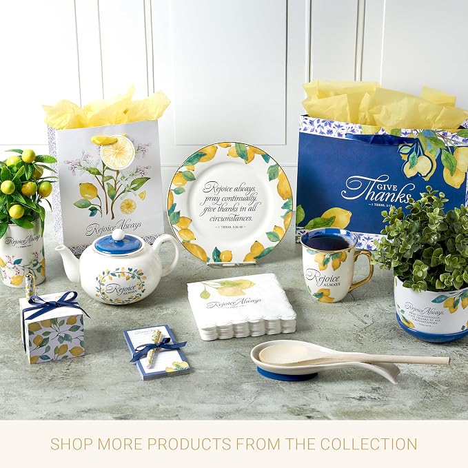 Christian Art Gifts Round 9" Decorative White Ceramic Salad & Dessert Plate for Home & Kitchen: Rejoice Always Inspirational Bible Verse, Food Safe Novelty Kitchenware, Gold Rim, Bright Yellow Lemons
