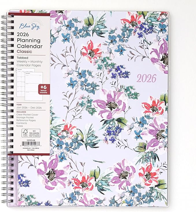 Blue Sky 2026 Weekly and Monthly Planner Calendar, January 2026 - December 2026, 8.5" x 11", Clear Pocket Cover, Laminated Tabs, Durable Twin Wire Binding, Storage Pocket, Laila