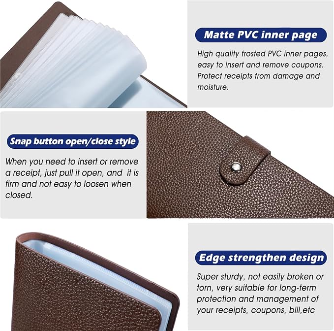 Leather Receipt Organizer,Coupon Organizer with 40 Pockets, Multi-Purpose Receipt Holder Organizer, Wallet Style Coupon Holder Prevent Loss or Damage of Receipts and Coupons (Darkbrown)