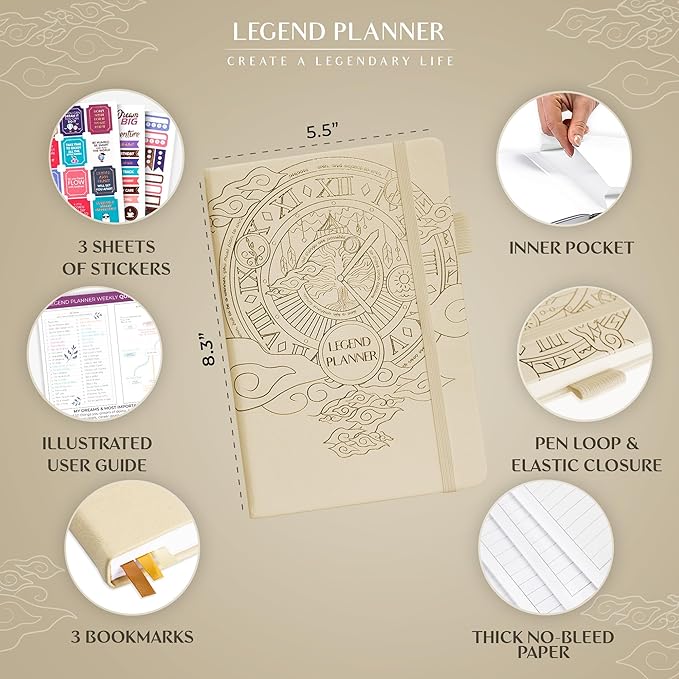 Legend Planner – Undated Weekly & Monthly Life Planner to Hit Your Goals & Live Happier, Organizer Notebook & Productivity Journal, A5 (Seashell, Gold)