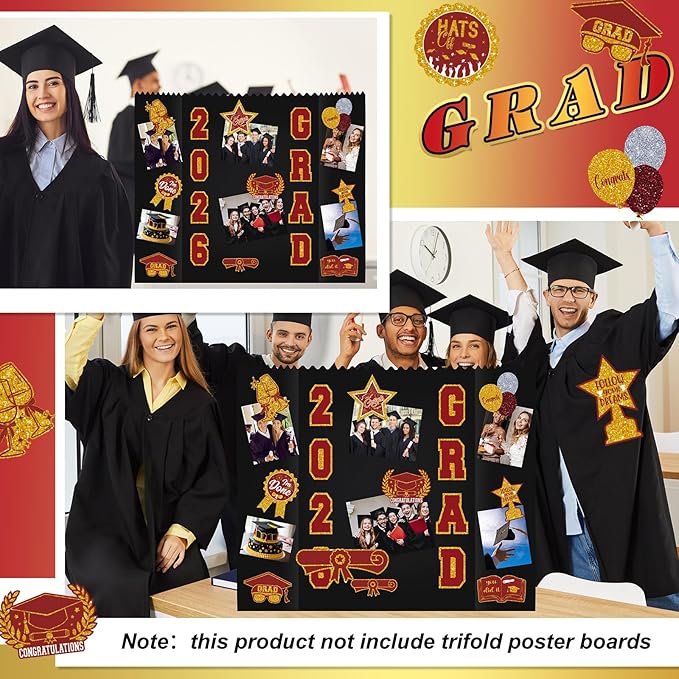 AmazingSpark 2 Sets Graduation Photo Display Board Trifold Poster Board with 12 Graduation Themed Stickers for 2026 Grad Party Decoration Picture Collage Frame Supplies (40 x 28,Red Gold)