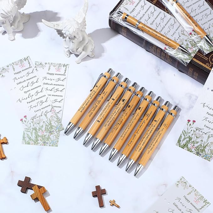 80 Set Christian Religious Gifts Bulk Include Bible Verse Pens and Inspirational Bookmarks Scripture Quote Bible Study Group Church Gifts for Christian Graduation Mother's Day Pastor (Bamboo)