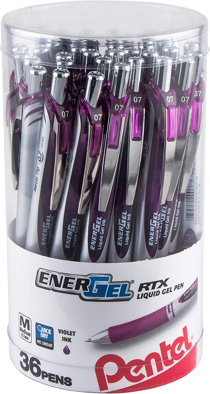 Pentel EnerGel RTX Retractable Liquid Gel Pen Canister, Violet Ink, (BL77PC36V) (Pack of 1, 36 Count Total)