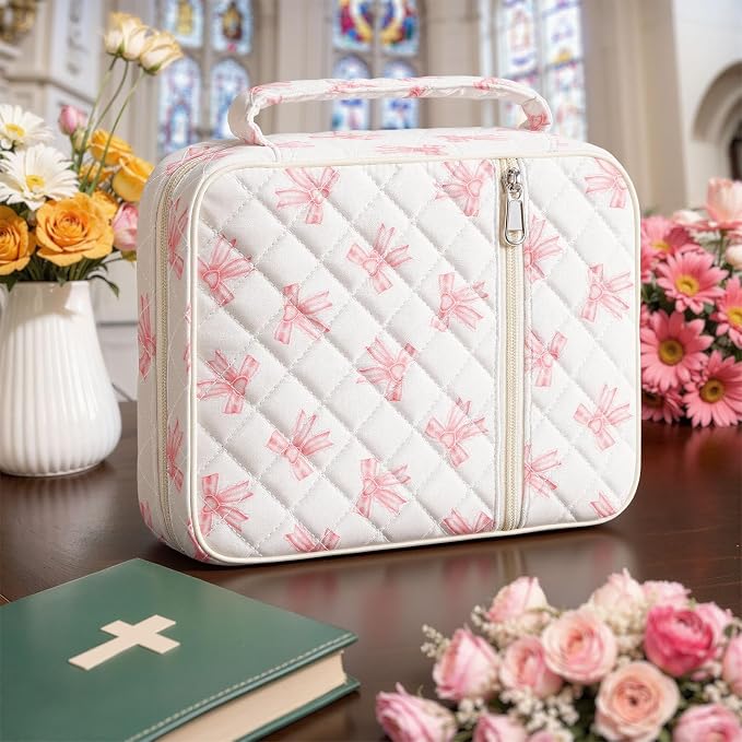 WOBAGMEN Bible Cover Case for Women,Large Bible Tote Bags Organizer Quilted Carrying Case for Girls,Bible Study Supplies Accessories Christian Gifts for Women (Pink Cute Bow, M)