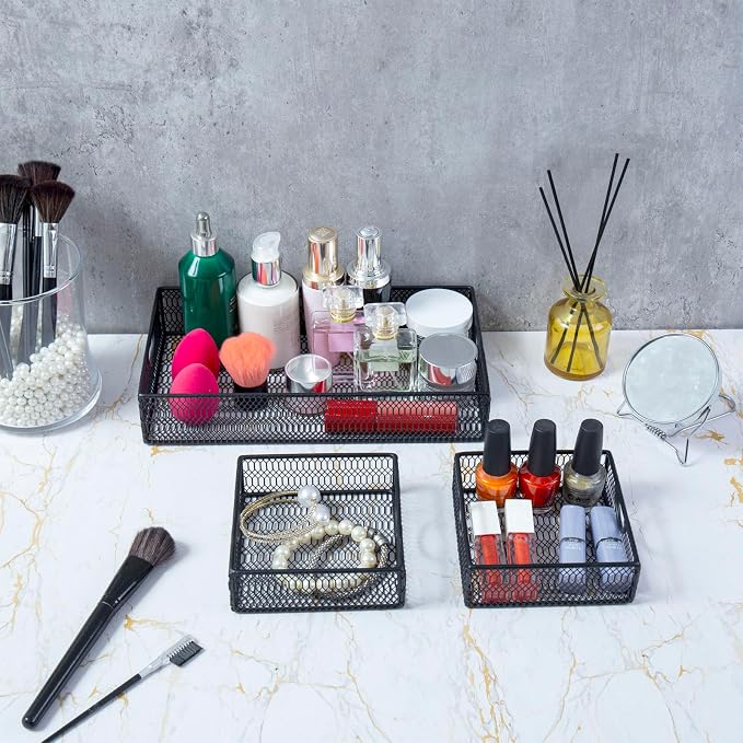 MyGift Modern Geometric Diamond Pattern Black Metal Wire Tabletop Organizer Trays, Office Desk Supplies Nesting Bins, Makeup Accessories Drawer Storage, 3 Piece Set