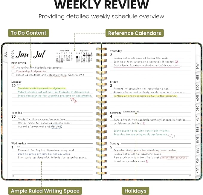 Planner 2026–2027, Academic Planner Weekly and Monthly Calendar Jul 2026 – Jun 2027 Hardcover Planner with Tabs and Pocket, Spiral Bound Agenda Book for Student & Teacher, 8.5" x 11", Enchanted Grove
