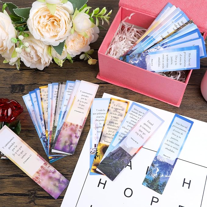 Wxiben Spanish Christian Bookmarks Gifts - 50PCS Bible Verse Scripture Bookmarks Religious Inspirational Book Marks Scenery Page Markers Clip for Book Lovers Students Teachers Reading Christian Gifts