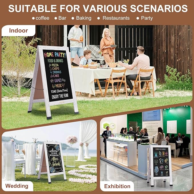 Wood Magnetic A-Frame Chalkboard Signs, 40" x 20" Large Sandwich Board Signs Outdoor, Double-Sided Sidewalk Blackboard for Business, Wedding, Vendor Display, Coffee Shope - White