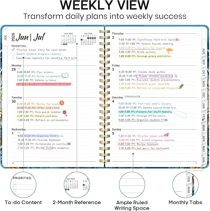 Academic Planner 2026-2027, Weekly and Monthly Calendar Book, July 2026 – June 2027, Hardcover Planner with Tabs, Perfect for Teachers, Students, Women & Men, A5 (6.4" x 8.5") - Turtle