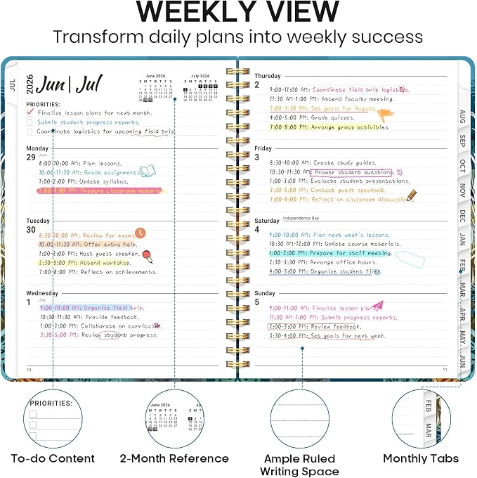 Academic Planner 2026-2027, Weekly and Monthly Calendar Book, July 2026 – June 2027, Hardcover Planner with Tabs, Perfect for Teachers, Students, Women & Men, A5 (6.4" x 8.5") - Turtle