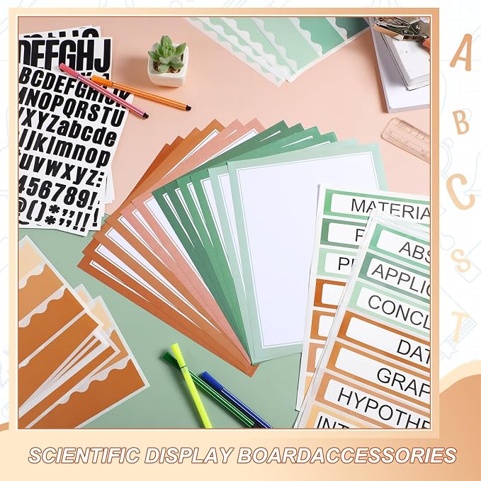 Sinload 92 Pcs Science Fair Board Supplies 60 Trim Scalloped Poster Boards 18 Presentation Subtitles 6 Project Titles 8 Letter Sticker for Classroom Display Boards(Boho Color,Wave)