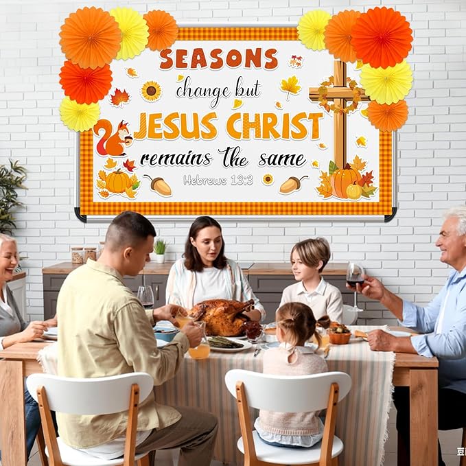 Fall Jesus Christian Bulletin Board Decorations Set with 3D Tissue Paper Flower Fall Thanksgiving Classroom Bulletin Board Border Autumn Maple Leaves Pumpkins Cutouts for Library Chalkboard Supplies