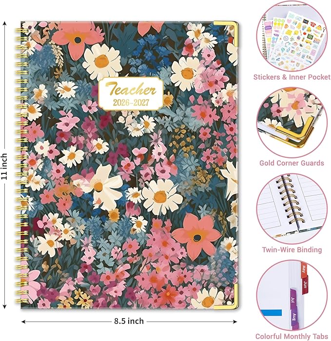 Teacher Planner 2026-2027 Academic Year, Jul.2026 - Jun.2027, 8.5" x 11" Lesson Planner Book for Teachers, Teacher Planners with Colorful Monthly Tabs for Homeschool & Classroom Organization - Flower Clusters