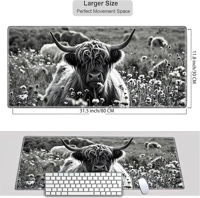 Mouse Pad Gaming Mousepad 31.5x11.8 Inch XXL Large + Coasters,Desk Mat with Stitched Edges, Non-Slip Rubber Base, Thick Mouse Pad for Computer, Laptop, Office & Home - Gray Highland Cow