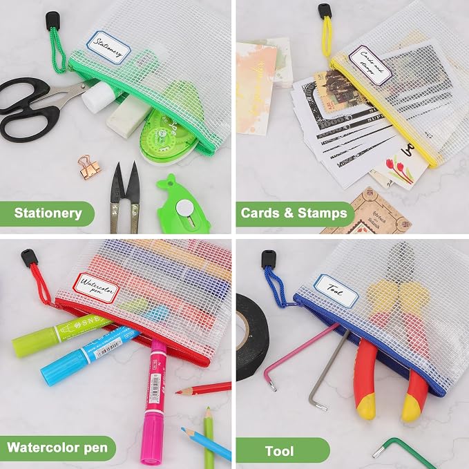 AOBOPLE 36pcs Mesh Zipper Pouch,4.9x6.3 inch Waterproof Zipper Bags with Colored Stickers 9 Colors Plastic Zippered Pouches Small Organizing Bags for Travel Storage and Office Supplies