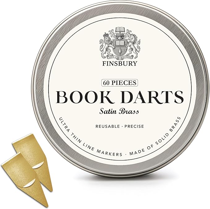 Gold Book Darts Line Markers with Protective Tin - 60 Count - Precision Mini Book Mark Page Markers for Reading and Study - Reusable & Archival Quality (Brass, 60)