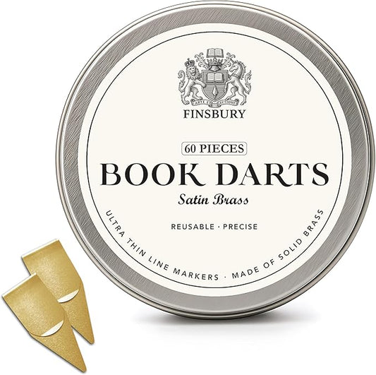 Gold Book Darts Line Markers with Protective Tin - 60 Count - Precision Mini Book Mark Page Markers for Reading and Study - Reusable & Archival Quality (Brass, 60)