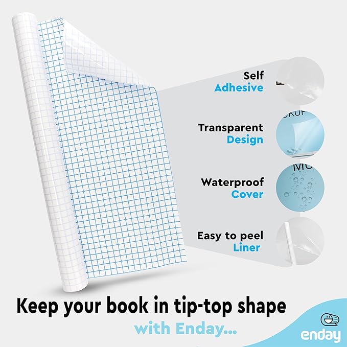 Contact Paper Clear, 17.5” x 5-Feet, Transparent Self Adhesive Book and Textbook Covers for Paperbacks and Hard Covers, Plastic Protective Covering Contact Paper Roll, Acid Free – By Enday