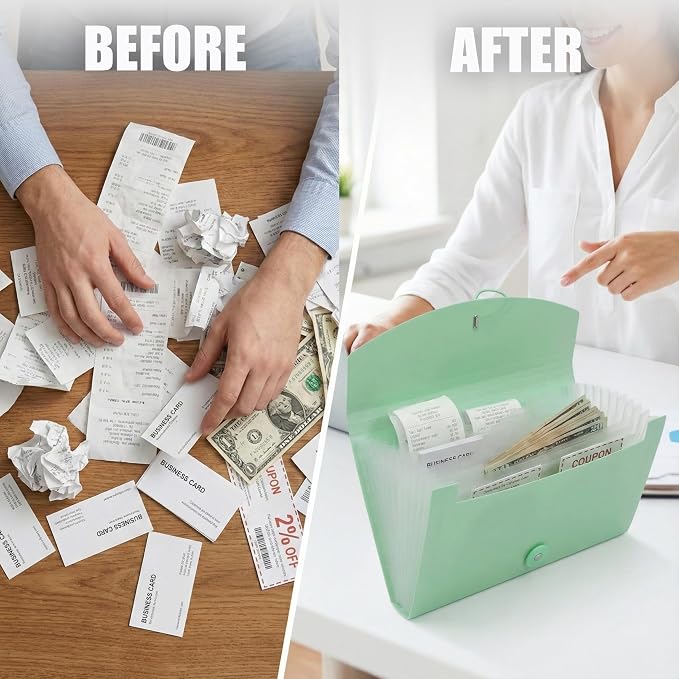 Portable 13-Pocket Receipt & Coupon Organizer, Small Expanding Accordion File Folder with Labels, Long Ticket Size Holder for Bills, Checks, and Travel Documents (10.2" x 5.5"), Green