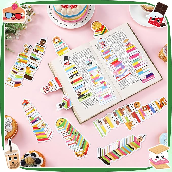 Kolldenn 150 Pcs Book Tracker Bookmarks Bulk 6.3 x 1.97 Inch Bookshelf Love to Read Bookmarks Paper Tracking Double Sided Reading Page Markers for Back to School Reading Lover(Snack)