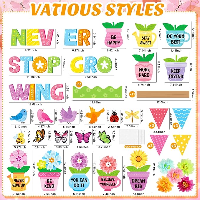 75 Pcs Spring Flower Bulletin Board Decorations Set 3D Flower Flowerpot Cutouts Decor Never Stop Growing Inspirational Bulletin Board Decoration for Classroom School Office Chalkboard Door Party Decor