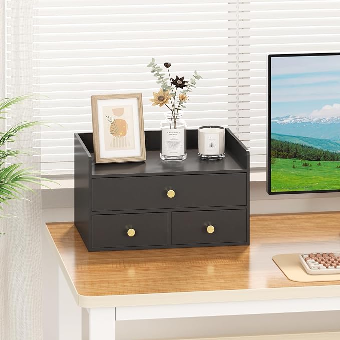 Bamboo Desk Organizer with Drawers Wooden Desktop Storage Drawers (1, Black 3 Drawers)