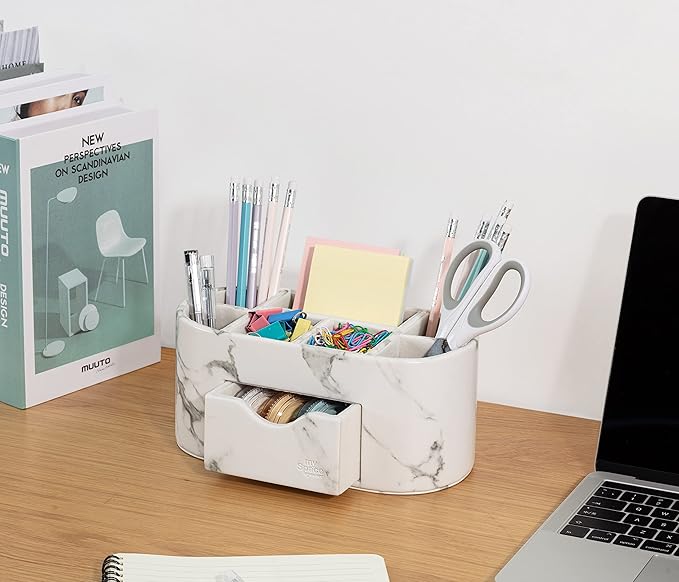 My Space Organizers Marble Desk Organizer For Office Supplies Desk Accessories - Pencil Pen Holder Decor - Home School College Organization Desktop Caddy - Faux Leather