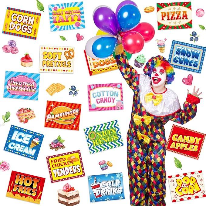 Yeaqee 16 Pieces Carnival Food Signs Cutouts for Classroom Carnival Party Bulletin Board Decor Food Truck Signs Corn Dogs Snow Cones Cotton Candy