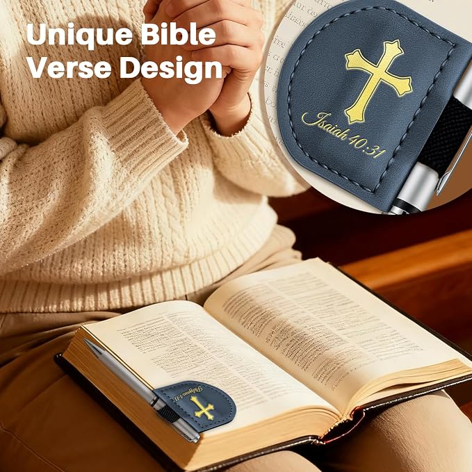 Personalized Magnetic Leather Bookmark with Pen Holder - Bygone Mark Custom Bible Verse Bookmarker,Book Marker for Men & Women,Book Lovers,Readers,Church(Blue,Proverbs 31:25)