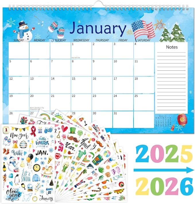 Watercolor Desk Calendar 2025-2026 with Seasonal Monthly Holiday Planner Stickers24 Months Large Deskpad Calendar 17x11"