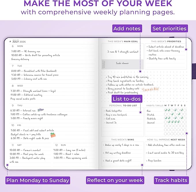Clever Fox Dated Planner Premium 2026 – Weekly Agenda for Planning & Time Management –Notebook with Habit Tracker & To-do List (Purple)