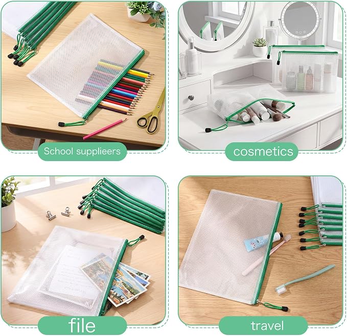 Zhehao 200 Pcs A4 Mesh Zipper Pouch Bulk Waterproof Mesh Zipper Organizer Plastic File Folder Case for School Office Supplies Document Board Games Puzzle(Green)