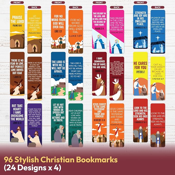 96 Bible Bookmark Pack with Bible Verses for Kids, Adults – Multiple Designs – Inspirational Christian Bookmarks for Women & Men – Bible Book Markers for Classroom, Bible Study