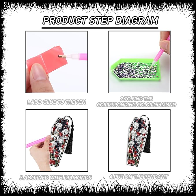 8 Pcs Gothic Skeleton Diamond Art Bookmarks Kit, Skull Halloween Diamond Painting Bookmarks with Tassels for Adults, DIY Horror Book Mark Craft Set for Women Men Reading Lovers