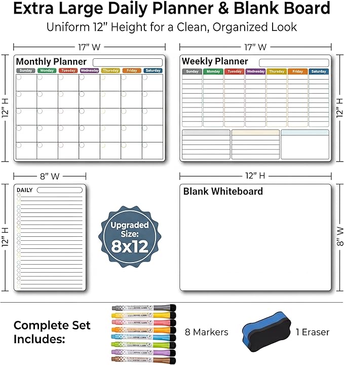 Magnetic Calendar for Refrigerator (4-Pack, Ships Flat) - 17"x12" Monthly, Weekly, XL Daily & Blank Dry Erase Board - Nano-Tech Fridge Whiteboard Planner with Lined Grids, 8 Markers, Eraser